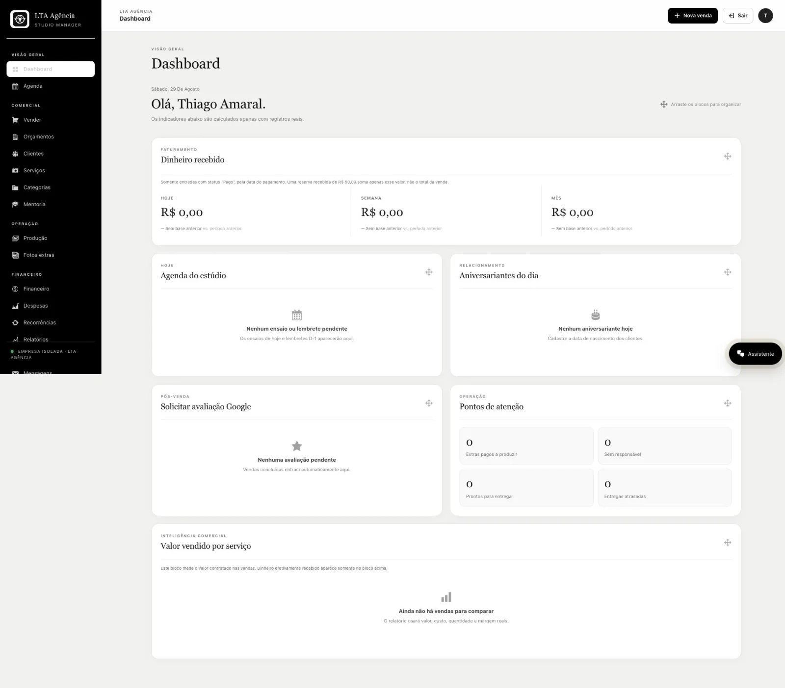 Dashboard do LTA Studio Manager com recebimentos, agenda e pontos de atenção