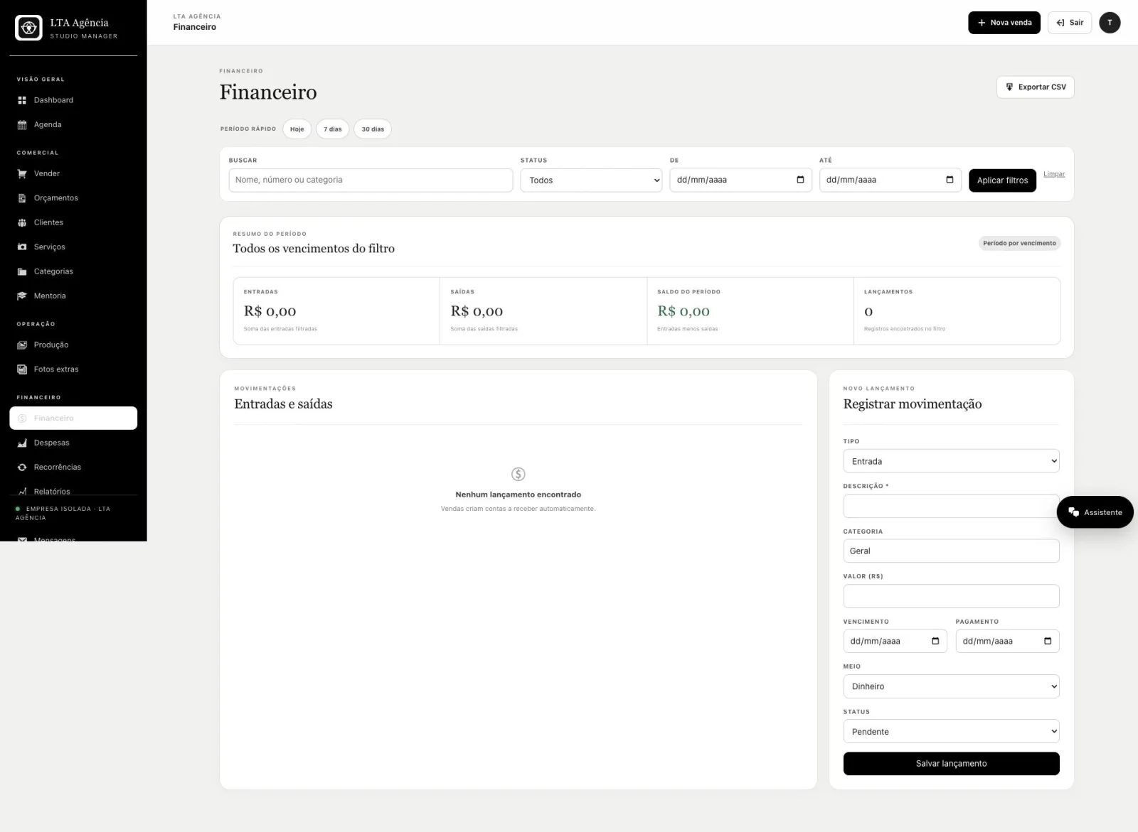 Painel financeiro com entradas, saídas e compromissos