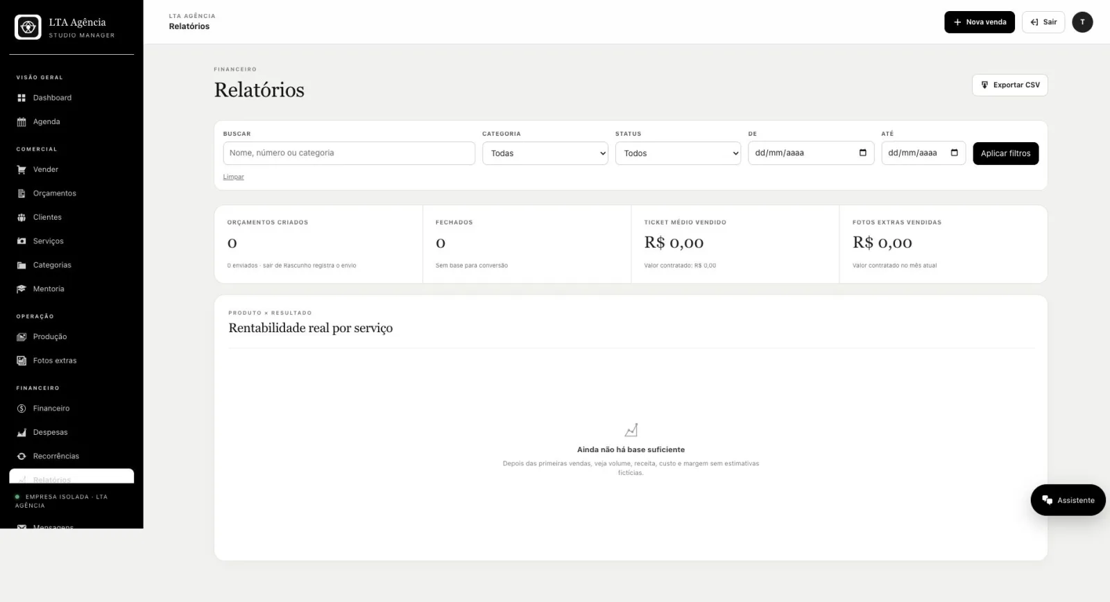 Relatórios de volume, receita, custo e margem