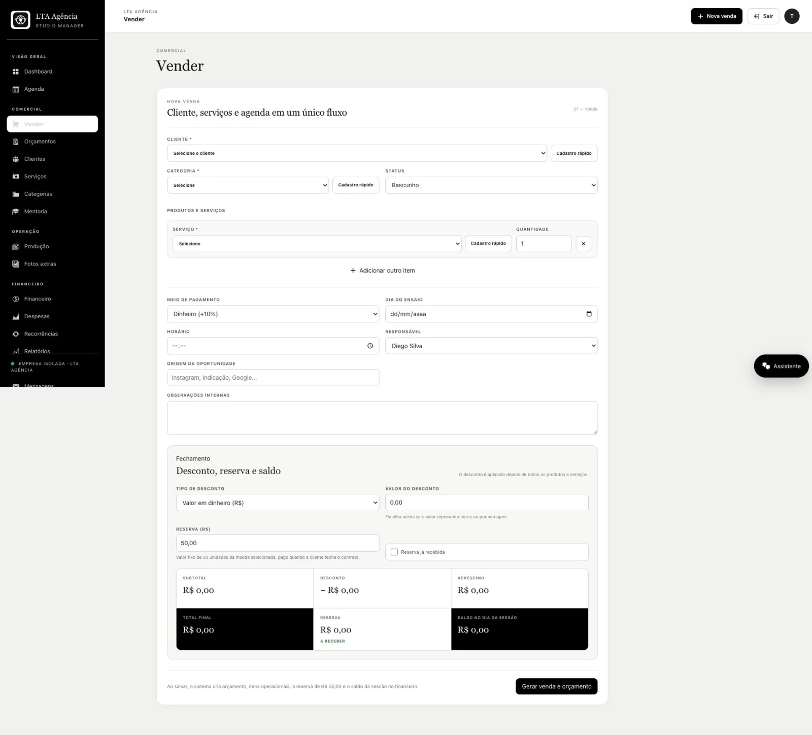 Tela de venda com cliente, serviços, agenda, reserva e saldo