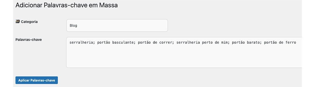 Tela para adicionar palavras-chave em massa a uma categoria do WordPress