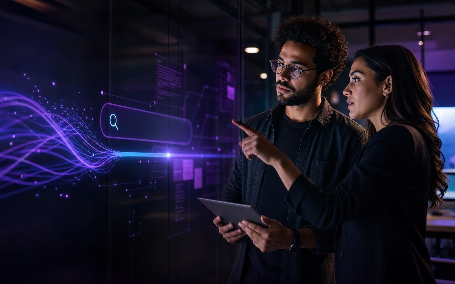Representação visual de uma equipe conectando estratégia, dados, busca e inteligência artificial