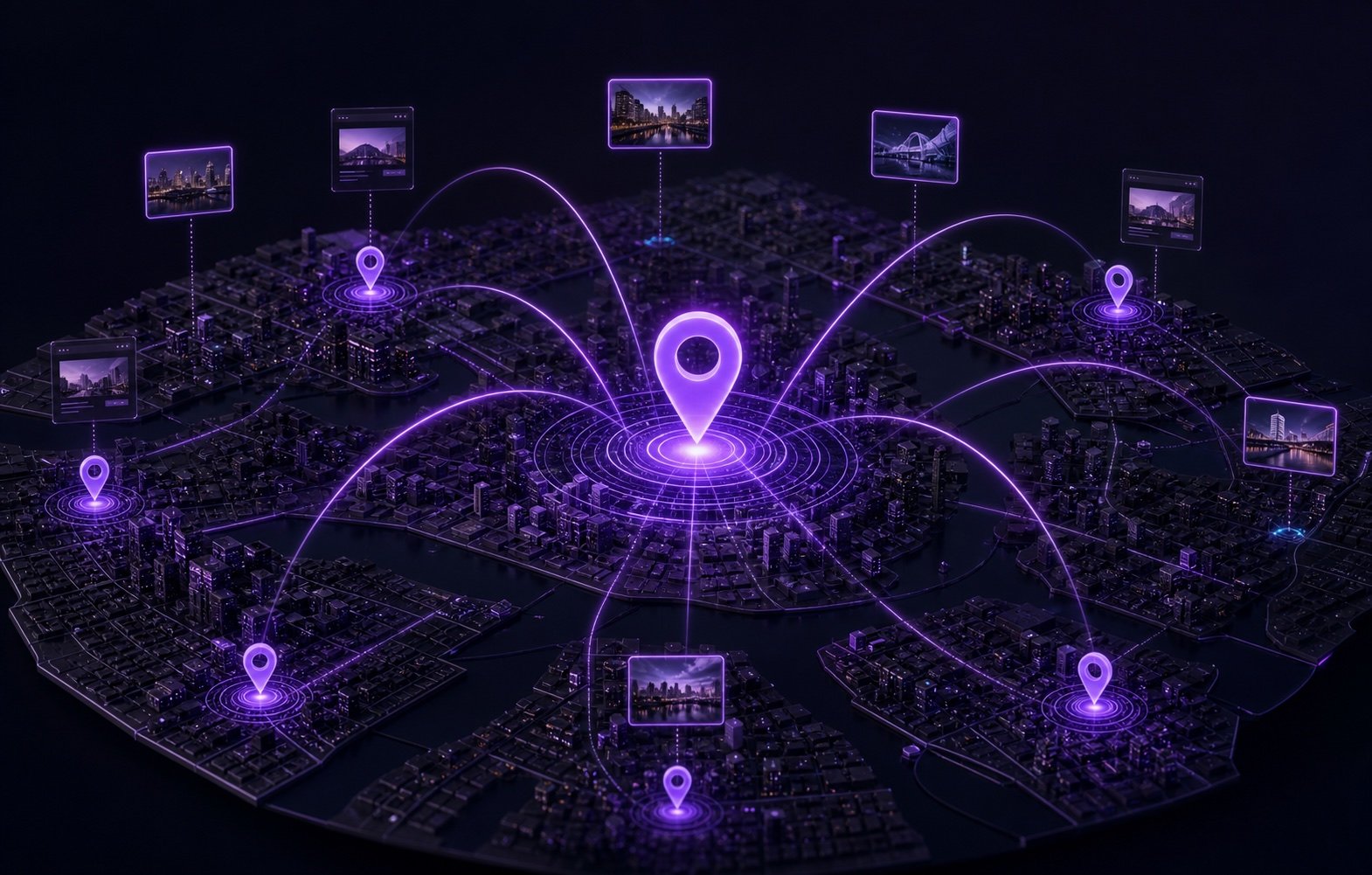 Representação visual de páginas e imagens conectadas a localidades