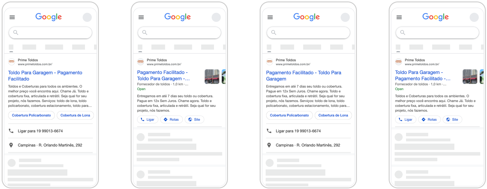 Quatro variações de anúncios do Google para celular com títulos, imagens e recursos locais