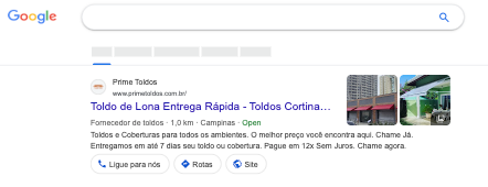 Anúncio de pesquisa do Google com imagem, botão de ligação, rotas e acesso ao site