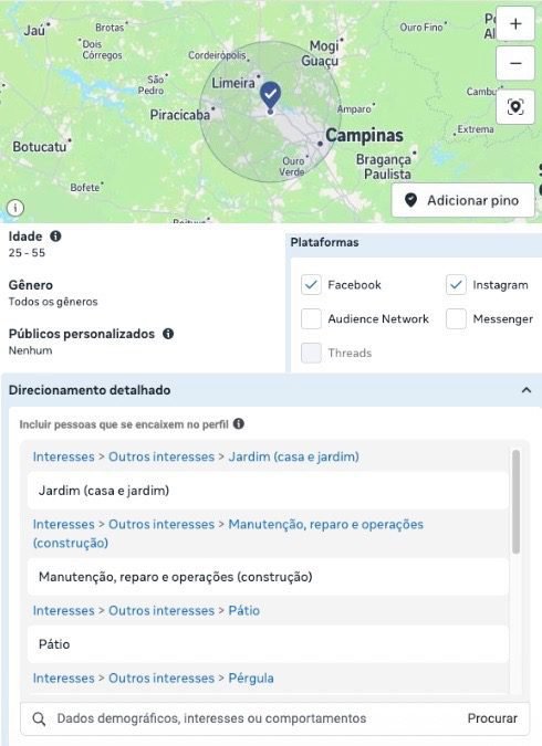 Configuração de público do Meta Ads com mapa, idade, plataformas e interesses