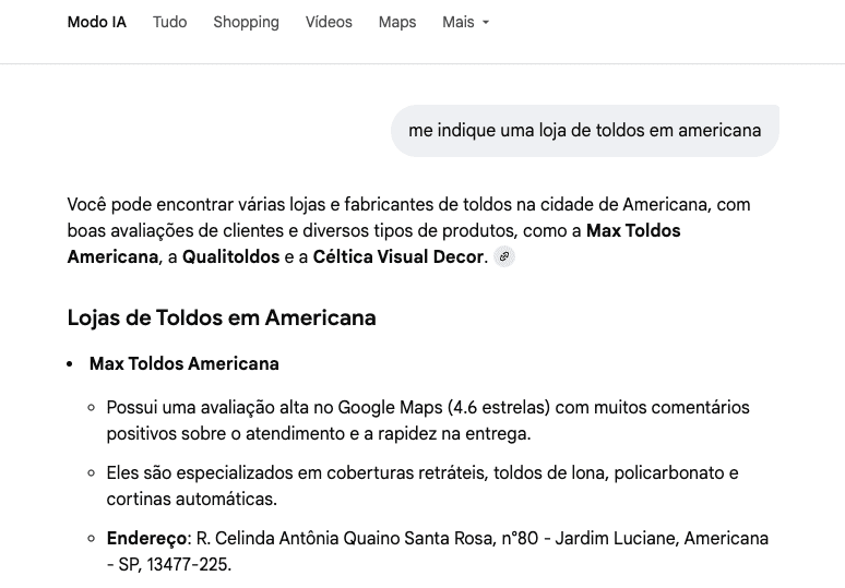 Resultado do Modo IA do Google citando uma empresa local em Americana
