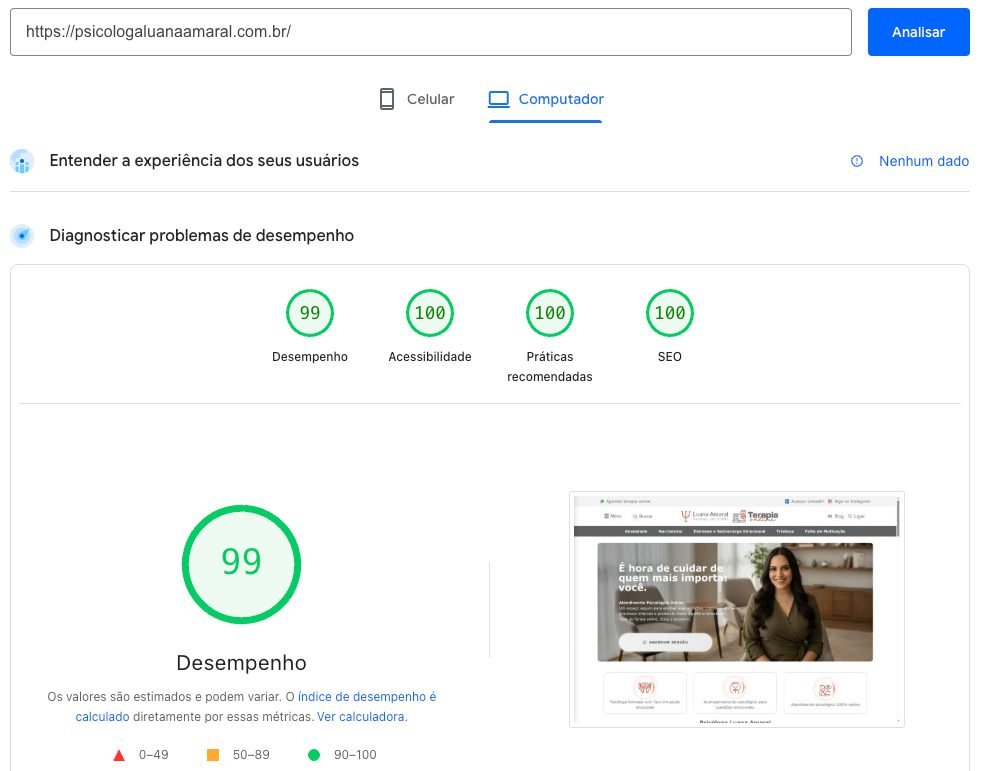 Relatório PageSpeed com 99 em desempenho e 100 em acessibilidade, boas práticas e SEO