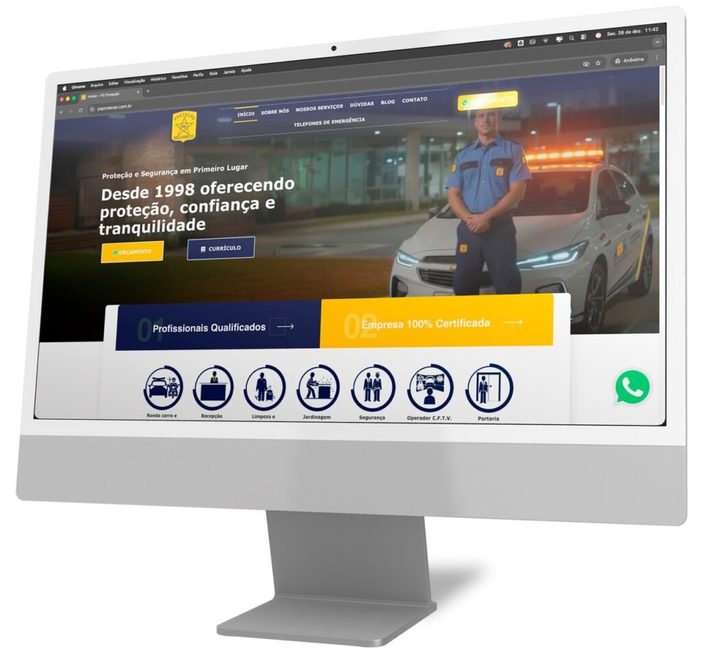 Projeto de site para empresa de segurança exibido em um monitor