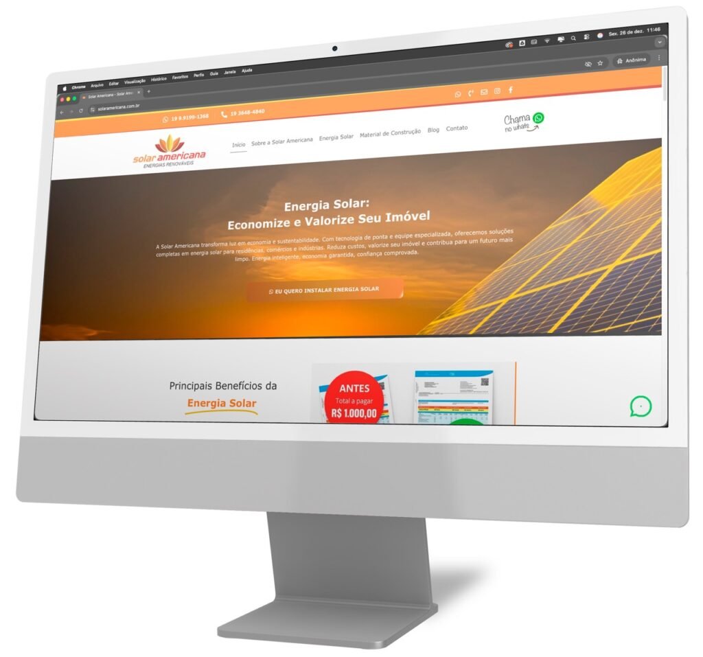 Projeto de site para empresa de energia solar exibido em um monitor
