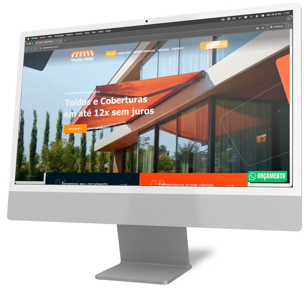Projeto de site para empresa de toldos exibido em um monitor
