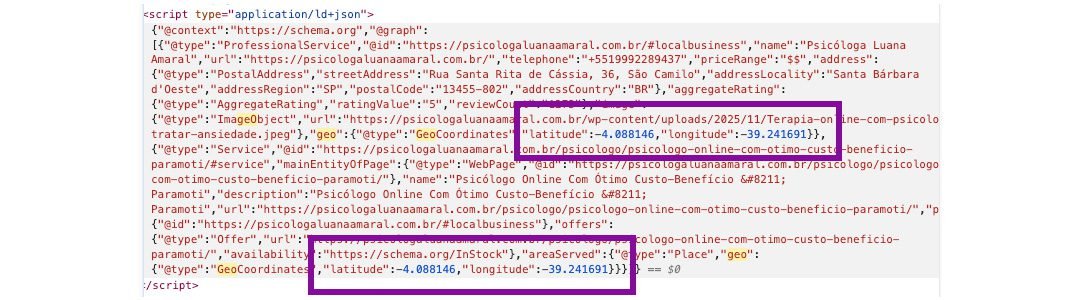 Código JSON-LD com coordenadas geográficas no Schema de serviço e imagem