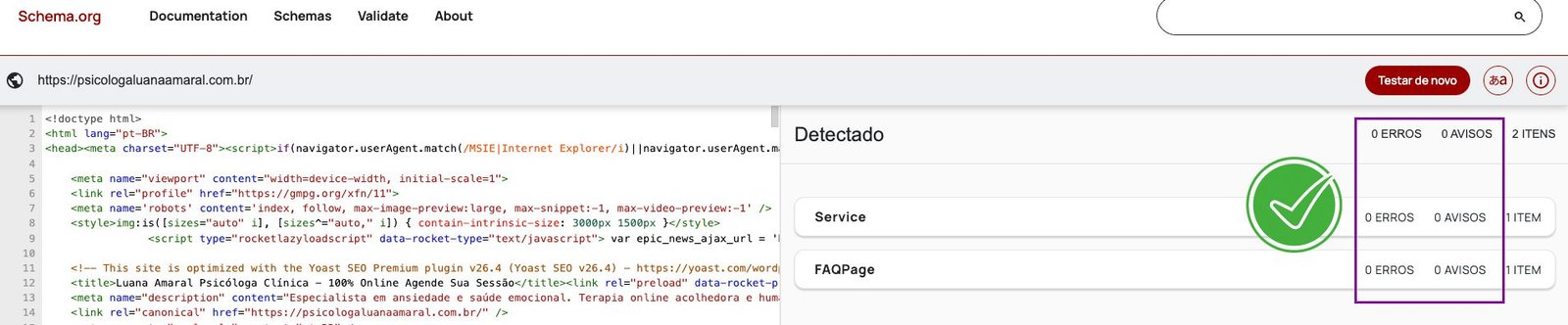 Validação no Schema.org de marcações Service e FAQPage sem erros ou avisos