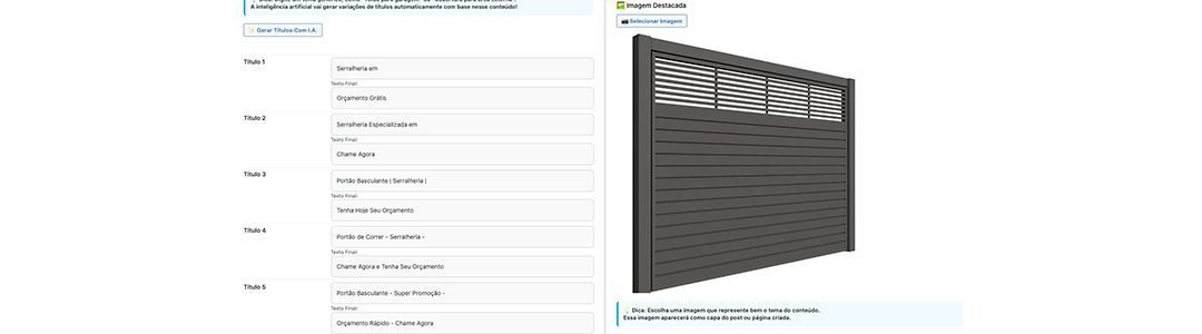 Tela do plugin com variações de títulos geradas com apoio de inteligência artificial e imagem destacada