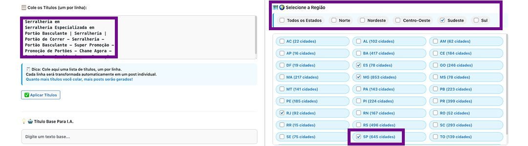 Tela do plugin LTA com lista de títulos e seleção de estados e cidades
