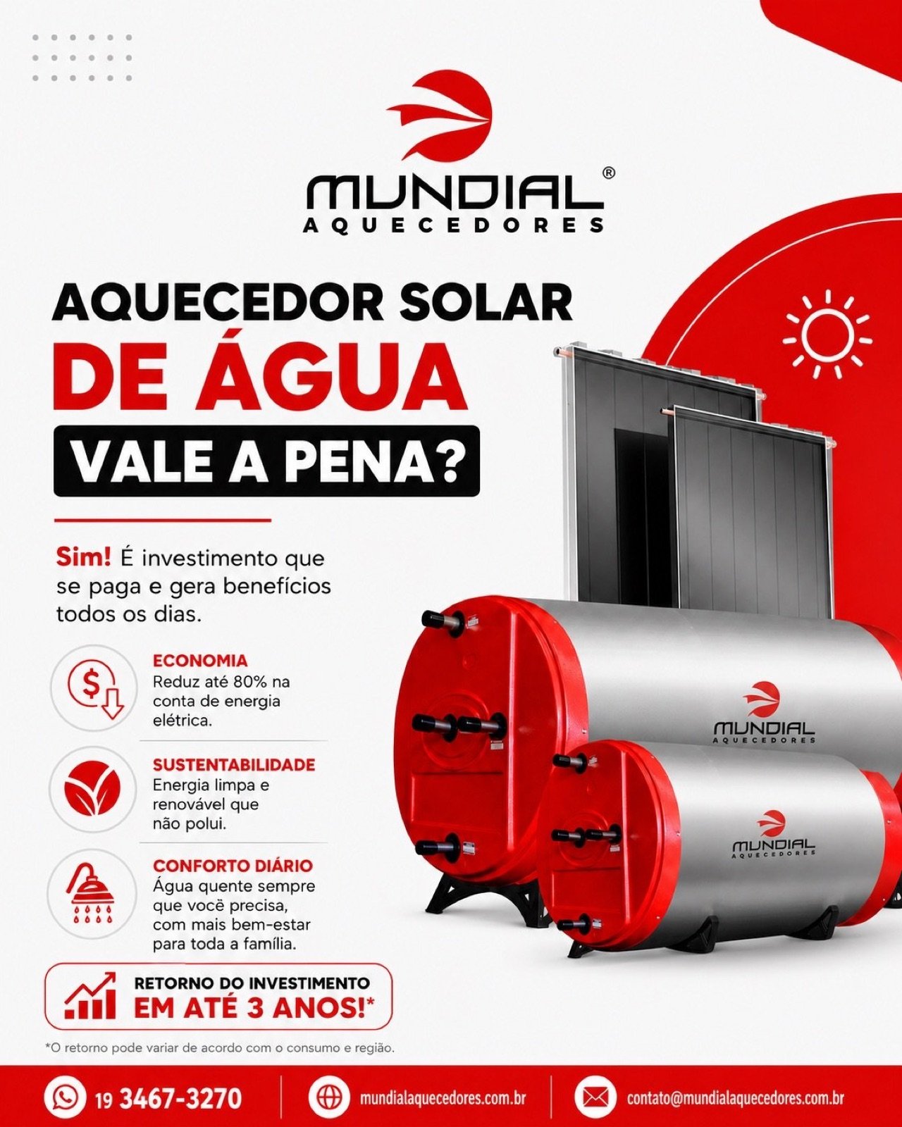 Arte da Mundial Aquecedores explicando benefícios do aquecedor solar