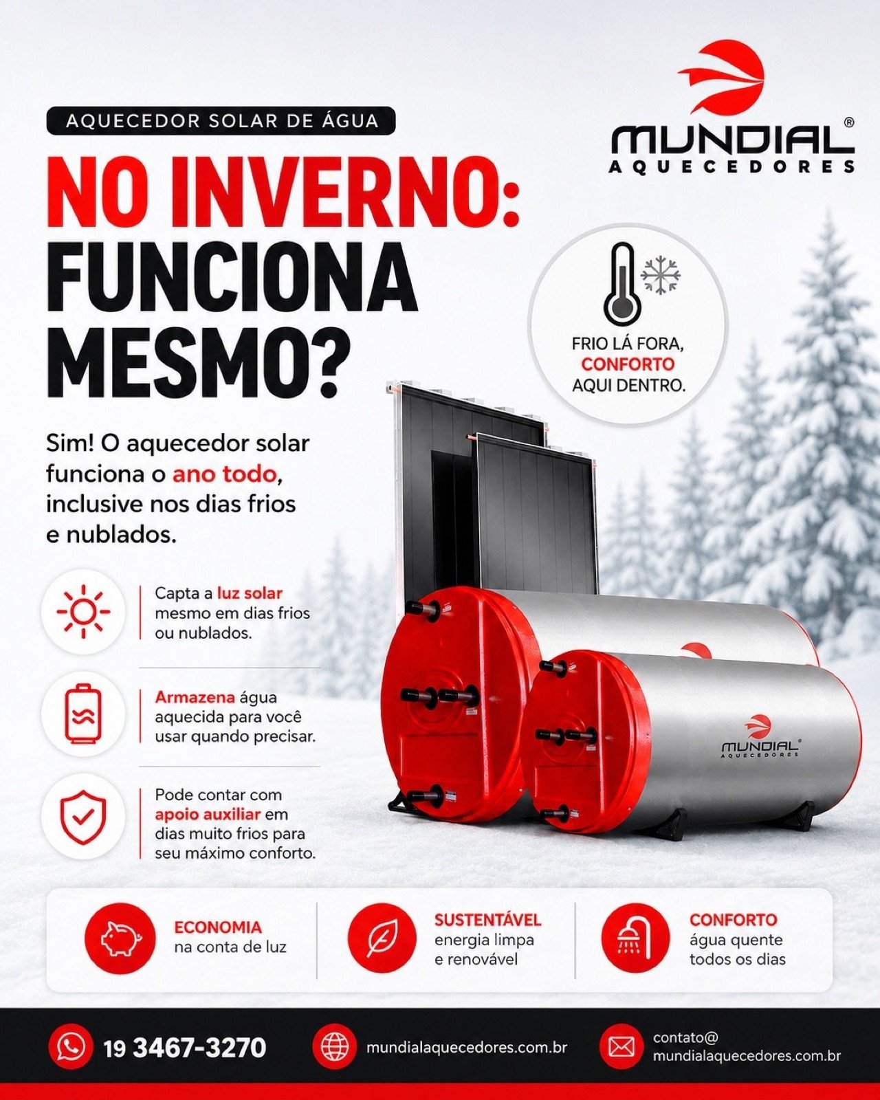 Arte da Mundial Aquecedores explicando o funcionamento no inverno