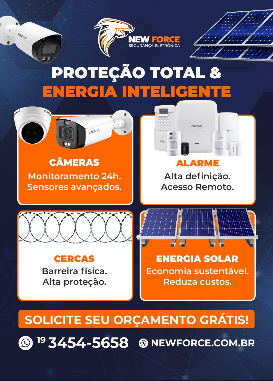 Panfleto digital da New Force reunindo câmeras, alarme, cercas e energia solar