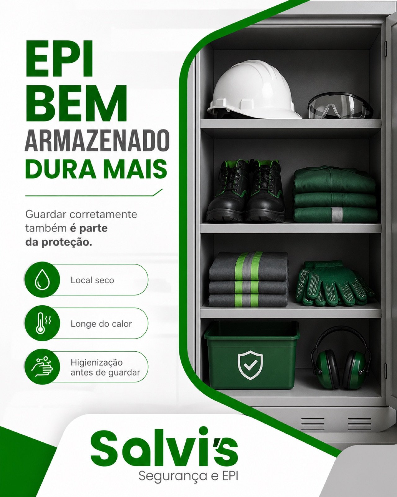 Arte da Salvis com orientações para armazenar equipamentos de proteção