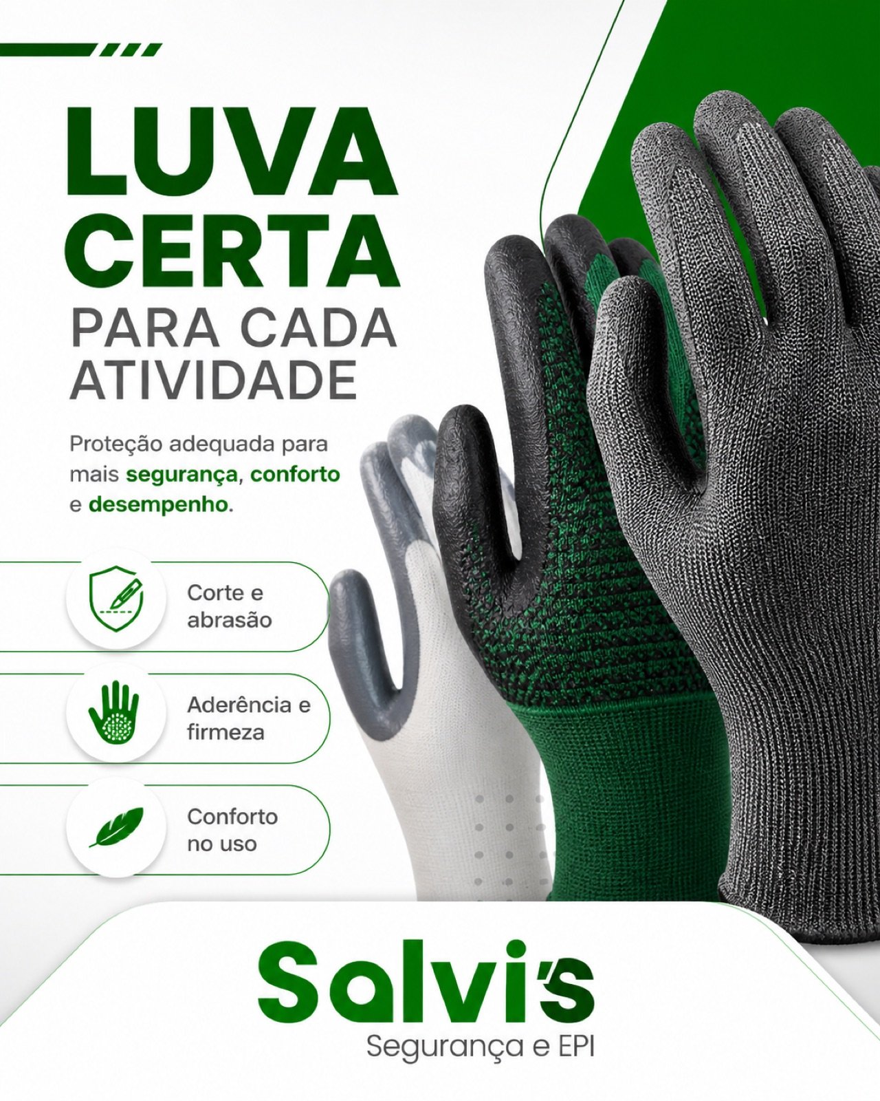 Arte educativa da Salvis sobre a luva adequada para cada atividade