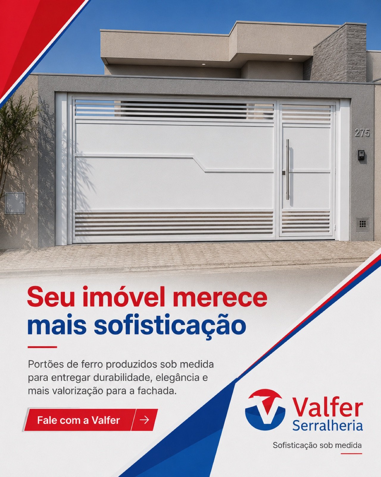 Arte para Instagram da Valfer Serralheria apresentando portão sob medida
