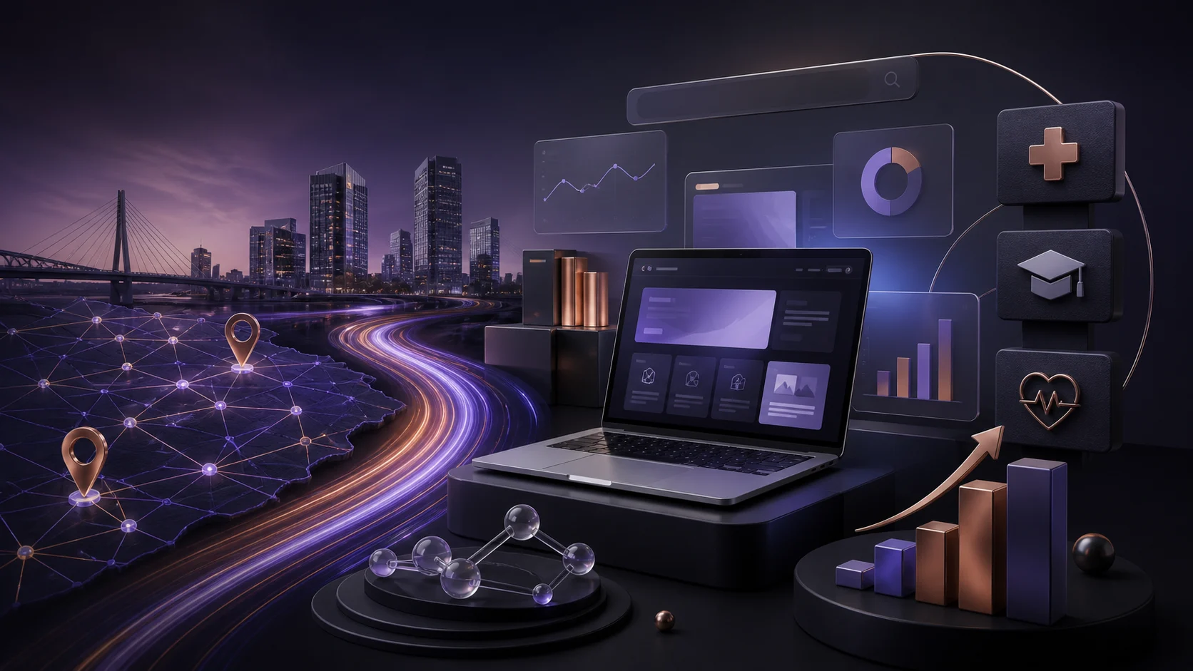 Ilustração de marketing digital em Campinas com tecnologia, serviços, saúde e análise de dados