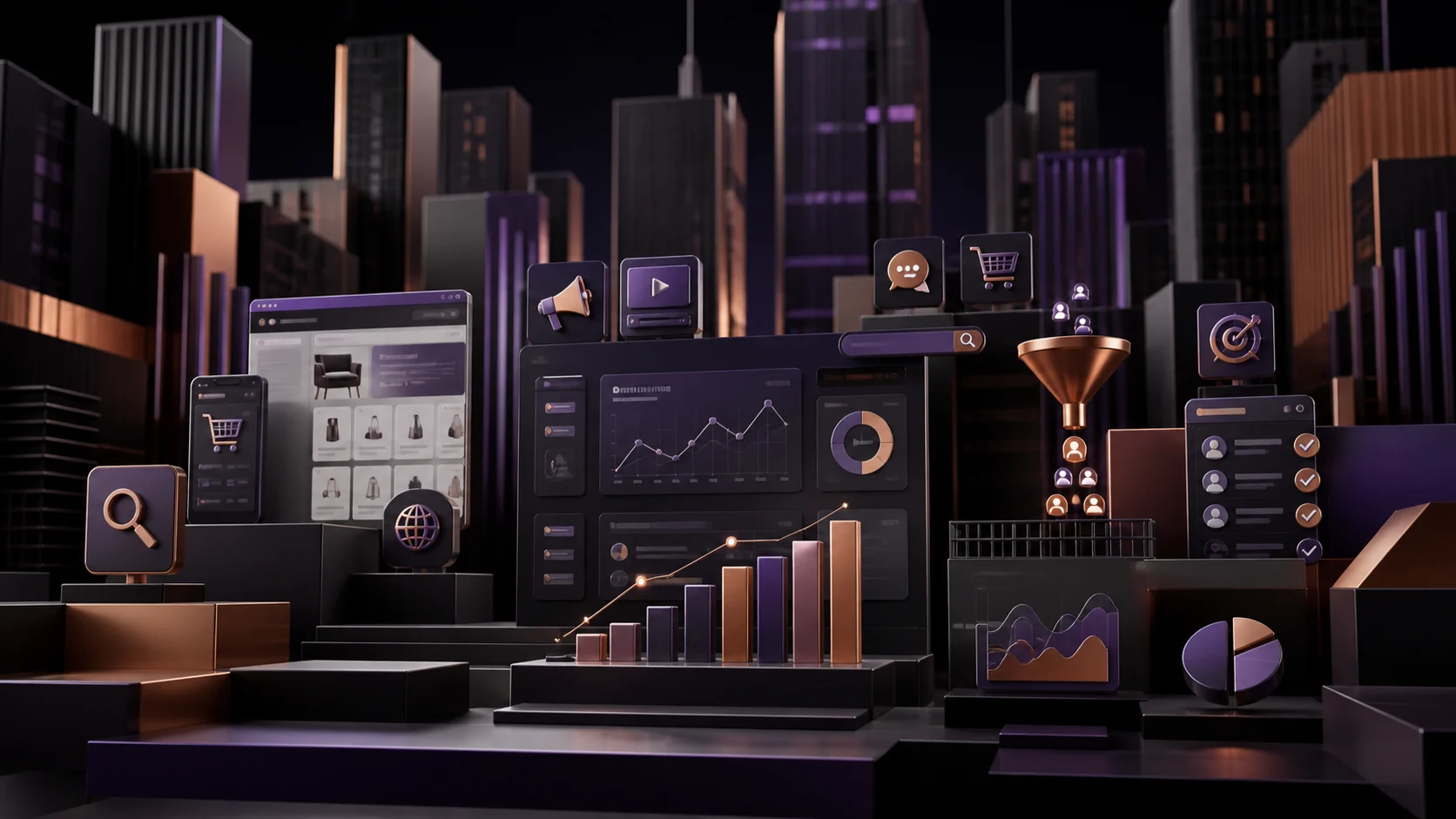 Ilustração de marketing de performance em São Paulo com busca, ecommerce, funil e análise de dados